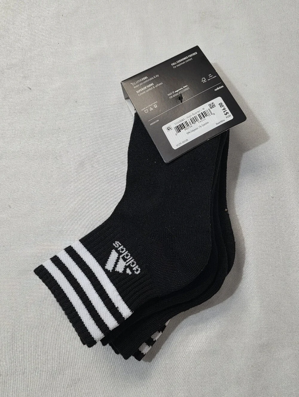 adidas Cushioned 3 Stripe High Quarter Crew Socks Womens Size 5-10 Climacool 3Pk